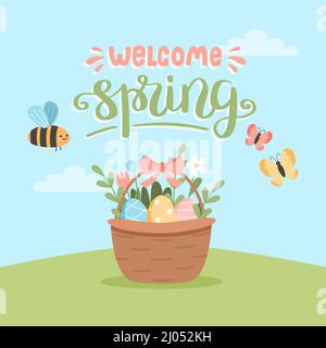 Welcome spring card - easter egg basket and flowers and lettering. Hand drawn flat cartoon elements. Vector illustration Stock Vector