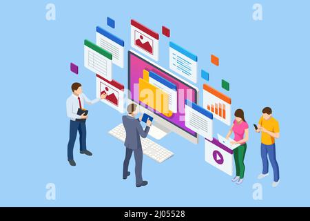 Isometric file in database, document flow management. Online documentation database and digital file storage system or software. Archive managing Stock Vector