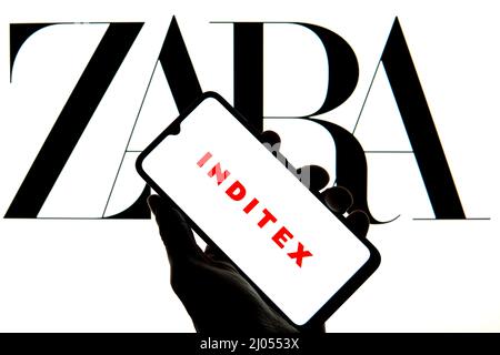 Spain. 11th Mar, 2022. In this photo illustration a Inditex logo seen displayed on a smartphone with a Zara logo in the background. (Credit Image: © Thiago Prudencio/SOPA Images via ZUMA Press Wire) Stock Photo