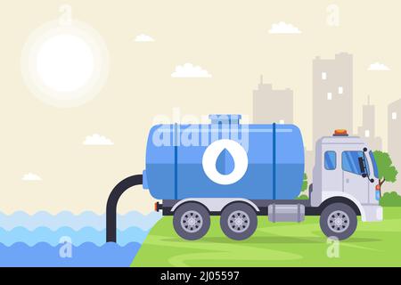 the truck downloads water from the river from the hose into its barrel. flat vector illustration. Stock Vector