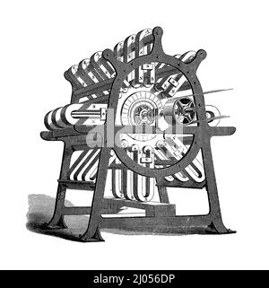 Vintage engraving middle '800, electricity application: electromagnetic machine for electric illumination Stock Photo