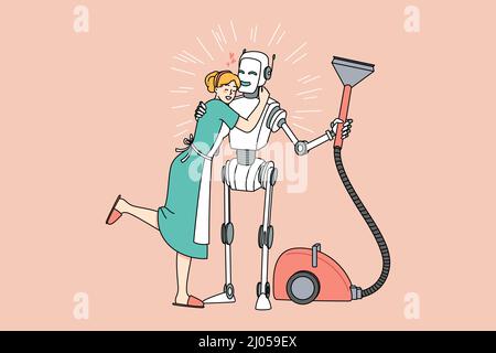 Happy housewife hug robot assistant thanking for help. Smiling wife embrace robotic virtual helper with vacuum cleaner. Housekeeping and new modern technologies. Vector illustration.  Stock Vector