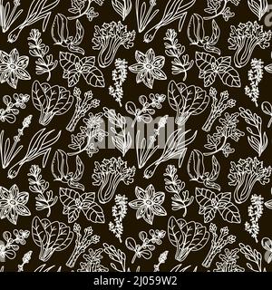 Seamless herbal pattern, drawn element in doodle style. White silhouettes Herbs and spices on black background - chili, vanilla, barberry, rosemary, b Stock Vector