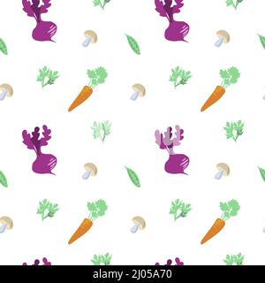 Seamless pattern of vegetables, mushrooms and greens on white background. Elements in a flattened style. World Food Day. Vegetables and greens. Beets, Stock Vector