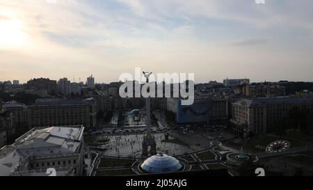 View over the central Independence square, maydan, of Kiev, Ukraine, at sunset, with the independence monument in the middle Stock Photo