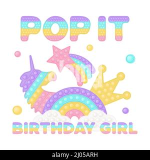 Popit birthday girl sublimation in fidget toy style. Pop it t-shirt design as a trendy silicone toy for fidget in rainbow color. Bubble pop it birthda Stock Vector