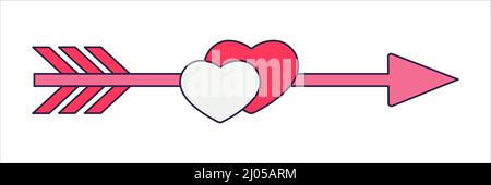 Retro Valentine Day icon arrow and hearts. Love symbols in the fashionable pop line art style. The figure of a heart in soft pink, red and coral color Stock Vector