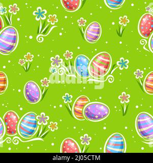 Vector Easter Egg Hunt seamless pattern, square repeating background with set of cut out illustrations group of various decorated easter eggs with spr Stock Vector