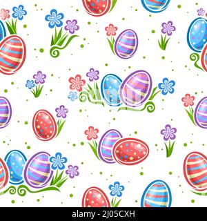 Vector Easter Egg Hunt seamless pattern, square repeating background with set of cut out illustrations many different decorated easter eggs with sprin Stock Vector
