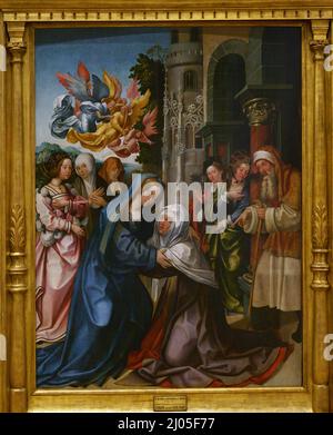 Gregório Lopes (active 1513-1550) and Jorge Leal (active 1513-1525). Portuguese painters. 'The Visitation', 1520-1525. Oil on oak panel. It belongs to the group of paintings of the altarpiece of Sao Bento, from the convent of the same name in Lisbon, where it comes from. Originally it was in the Convent of Sao Francisco da Cidade, Lisbon. National Museum of Ancient Art. Lisbon, Portugal. Stock Photo