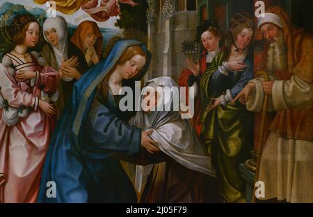 Gregório Lopes (active 1513-1550) and Jorge Leal (active 1513-1525). Portuguese painters. 'The Visitation', 1520-1525. Detail. Oil on oak panel. It belongs to the group of paintings of the altarpiece of Sao Bento, from the convent of the same name in Lisbon, where it comes from. Originally it was in the Convent of Sao Francisco da Cidade, Lisbon. National Museum of Ancient Art. Lisbon, Portugal. Stock Photo