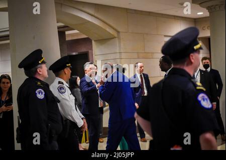 United States Senate Majority Leader Chuck Schumer (Democrat of New York) arrives for a virtual address to Congress by Ukrainian President Volodymyr Zelenskyy, at the US Capitol, in Washington, DC, Wednesday, March 16, 2022. Credit: Rod Lamkey/CNP /MediaPunch Stock Photo