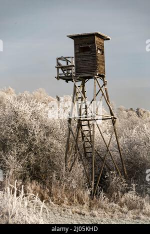 Hunter's high seat in a picturesque winter landscape with white frosted trees, Rühler Schweiz, Weser Uplands, Germany Stock Photo