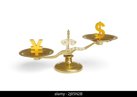 Yuan and Dollar symbol on a scale isolated on white background. 3d illustration. Stock Photo