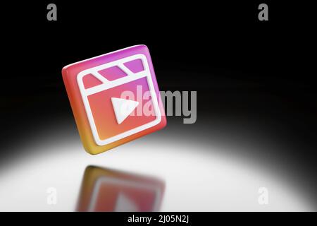 Buenos Aires, Argentina - March 8th, 2022: Instagram reels logo on black background. 3d illustration. Stock Photo