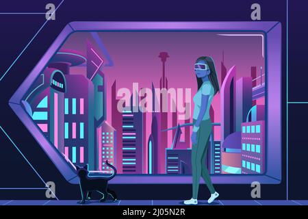 A vector illustration of  Cyberpunk Girl Futuristic Cityscape Stock Vector