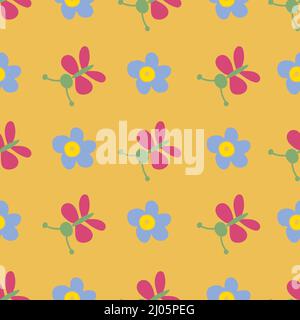 Flowers and butterfly on yellow background. Seamless, repeated pattern. Stock Vector