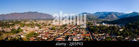 Panoramic aerial photograph of Antigua, Guatemala on a beautiful morning. Stock Photo