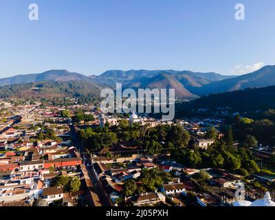 Aerial photograph of Antigua, Guatemala on a beautiful morning. Stock Photo