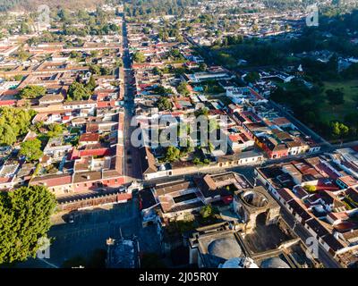 Aerial photograph of Antigua, Guatemala on a beautiful morning. Stock Photo