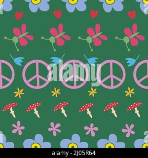 Pacifist Peace sign, butterfly and flowers in a row on green background. Stock Vector