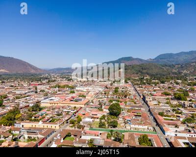 Aerial photograph of Antigua, Guatemala on a beautiful morning. Stock Photo