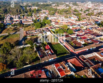 Aerial photograph of Antigua, Guatemala on a beautiful morning. Stock Photo