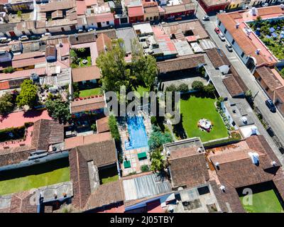 Aerial photograph of Antigua, Guatemala on a beautiful morning. Stock Photo