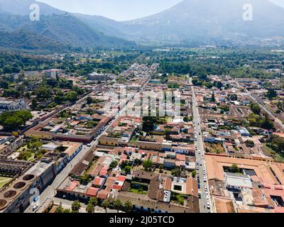 Aerial photograph of Antigua, Guatemala on a beautiful morning. Stock Photo