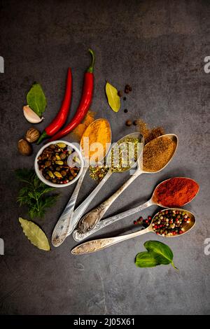 Different types of culinary spices on a gray surface in old metal spoons, condiments for cooking. Stock Photo