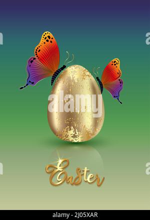 Realistic golden egg with luxury colorful butterflies, Easter concept vector illustration isolated on colorful gradient background Stock Vector