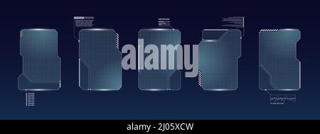 HUD digital futuristic user interface square frame set. Sci Fi high tech screens. Gaming menu touching cyber monitoring dashboard panels. Cyberspace head-up display technology information sign concept Stock Vector