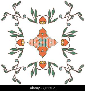 Hand drawn and inked repetitive design for square tile with floral accents. Stock Photo