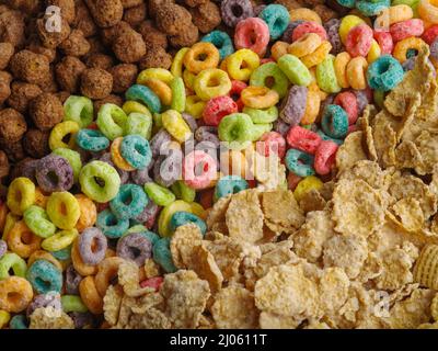 A large assortment of whole grain products for quick breakfasts, assorted. Close-up. Lots of objects. Quick breakfast cereals, hotel, restaurant, cafe Stock Photo