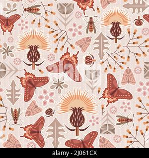 Herbaceous prickly stylized thistle and other “unwanted” plants aka weeds surrounded by pollinators butterflies, wasp and moth. Earthy terracotta hues Stock Vector