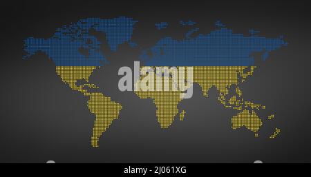World dotted map with ukrainian Flag color. Pixel map of Ukraine. Dotted map of world vector illustration. Stock Vector