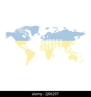World dotted map with ukrainian Flag color. Pixel map of Ukraine. Dotted map of world vector illustration. Stock Vector
