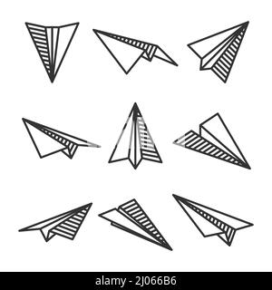 Various hand drawn paper planes. Black doodle airplanes. Aircraft icon, simple monochrome plane silhouettes. Outline, line art. Vector illustration. Stock Vector