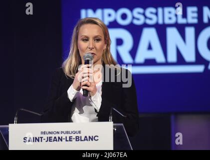 France, Saint-Jean-le-Blanc, 2022-03-16. Meeting of Marion Maréchal LE PEN, former Rassemblement National and now supporter of Eric Zemmour, in the presence of Guillaume Peltier, the deputy of Loir-et-Cher, Photograph by Francois Pauletto Credit: francois pauletto/Alamy Live News Stock Photo