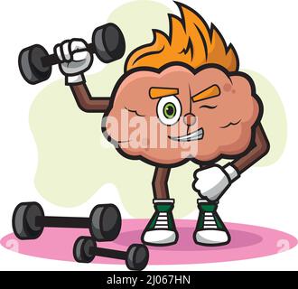 Cartoon smart strong human brain character with glasses power training ...