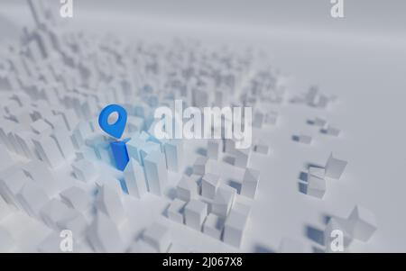Modern white city concept with GPS symbol. Digital 3D rendering. Stock Photo