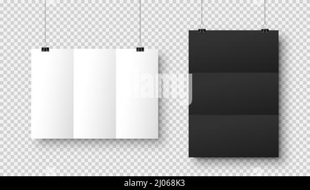 Realistic blank hanging paper sheets in A4 size with shadow on checkered background. Black and white folded notebook page. Design poster, template or Stock Vector