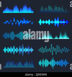 Blue colorful sound waves collection. Analog and digital audio signal. Music equalizer. Interference voice recording. High frequency radio wave Stock Vector