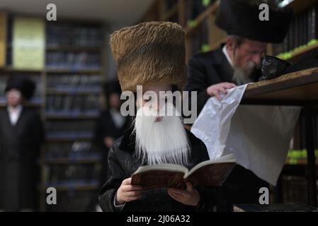 (220316) -- ASHDOD (ISRAEL), March 16, 2022 (Xinhua) -- An ultra-Orthodox child wearing costume for Purim reads the Megillat Esther during the Jewish holiday of Purim at a synagogue in Ashdod, southern Israel, on March 16, 2022. Purim is a Jewish holiday that commemorates the deliverance of the Jewish people from Haman's plot during the reign of the ancient Persian Empire, according to the Biblical Book of Esther. (Ilan Assayag/JINI via Xinhua) Stock Photo