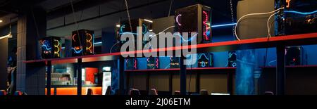 View on gaming equipment in interior of cyber club Stock Photo