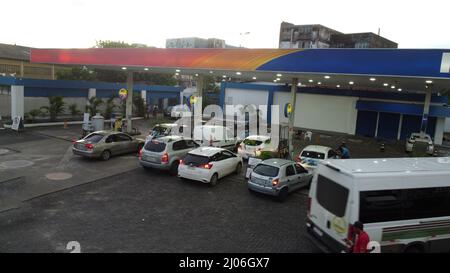 salvador, bahia, brazil - march 16, 2022: aerial view of a P4 Combustiveis gas station in the city of Salvador. Stock Photo