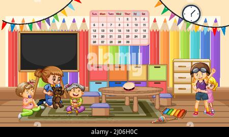 Border template with five kids playing in park illustration Stock ...