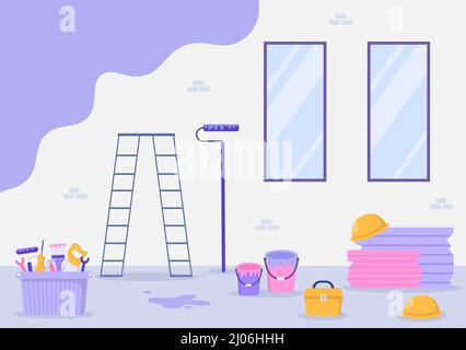 Home Renovation or Repair with Construction Tools, Laying Floor Tiles and Painting Wall to Good Decoration Condition in Flat Background Illustration Stock Vector