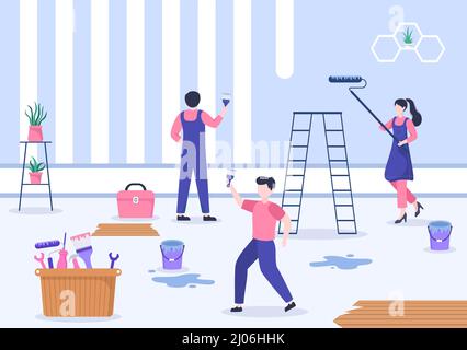 Home Renovation or Repair with Construction Tools, Laying Floor Tiles and Painting Wall to Good Decoration Condition in Flat Background Illustration Stock Vector