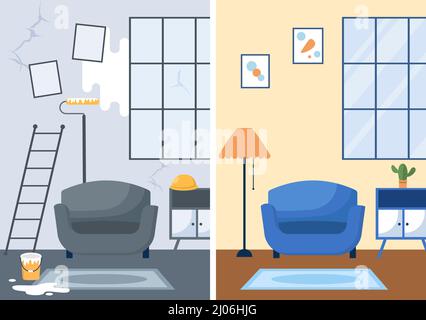 Home Renovation or Repair with Construction Tools, Laying Floor Tiles and Painting Wall to Good Decoration Condition in Flat Background Illustration Stock Vector